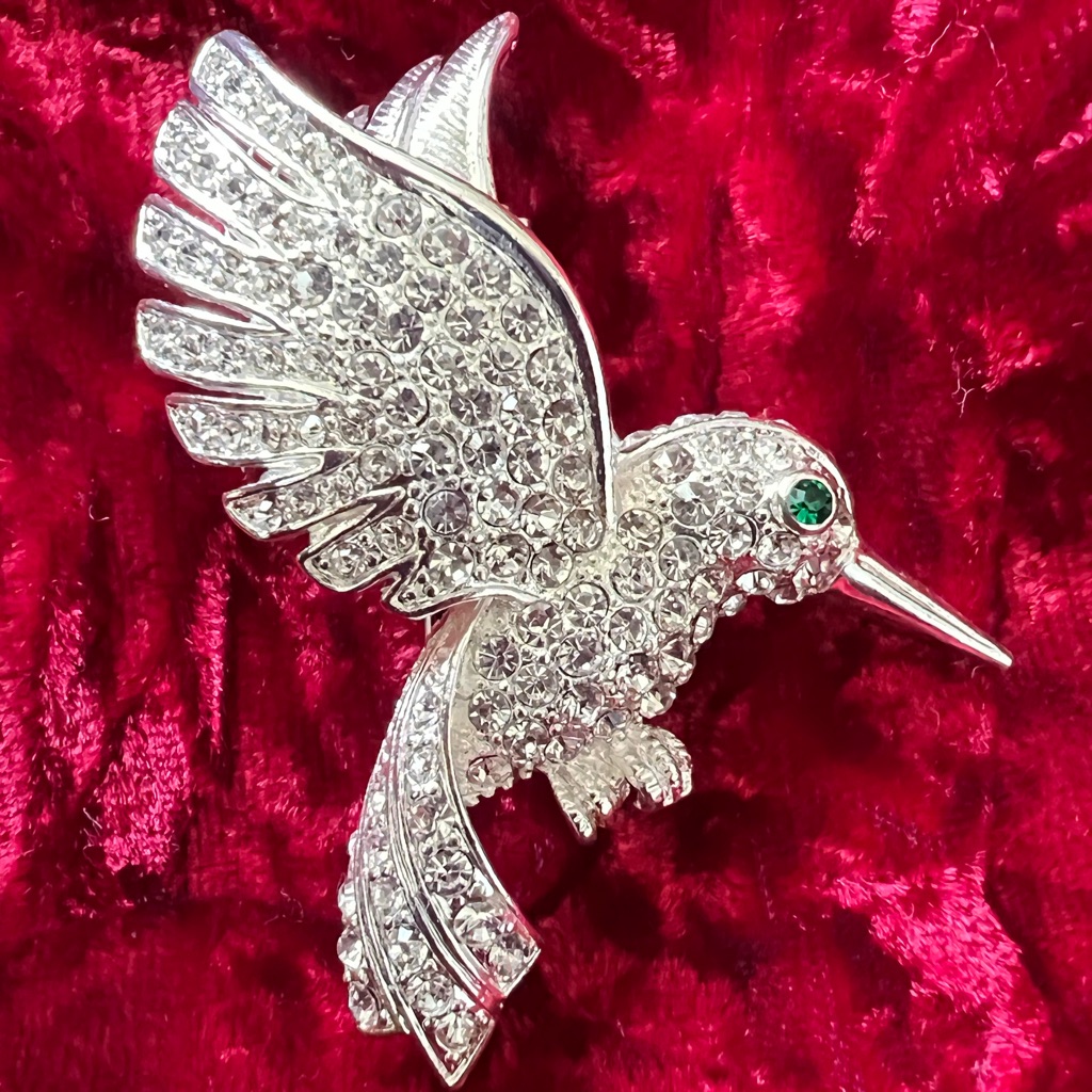 Vintage Silver And Rhinestone Hummingbird Brooch